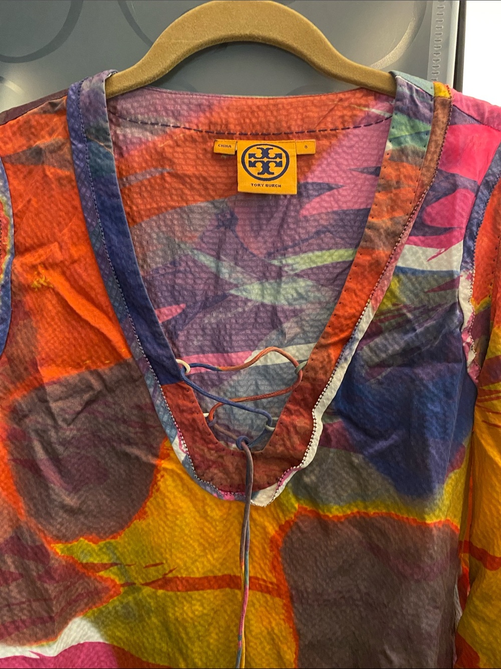 Tory Burch Colorful V-Neck Tie Front Tunic — Orange, Purple, Pink, Blue